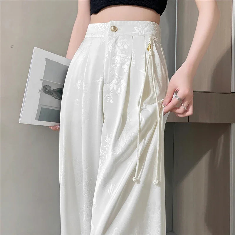 Chinese Style Jacquard Wide Leg Satin Pants – Women